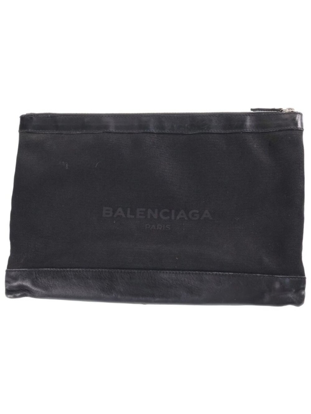 Balenciaga Navy Clip Logo Print Leather Canvas Clutch Second Black